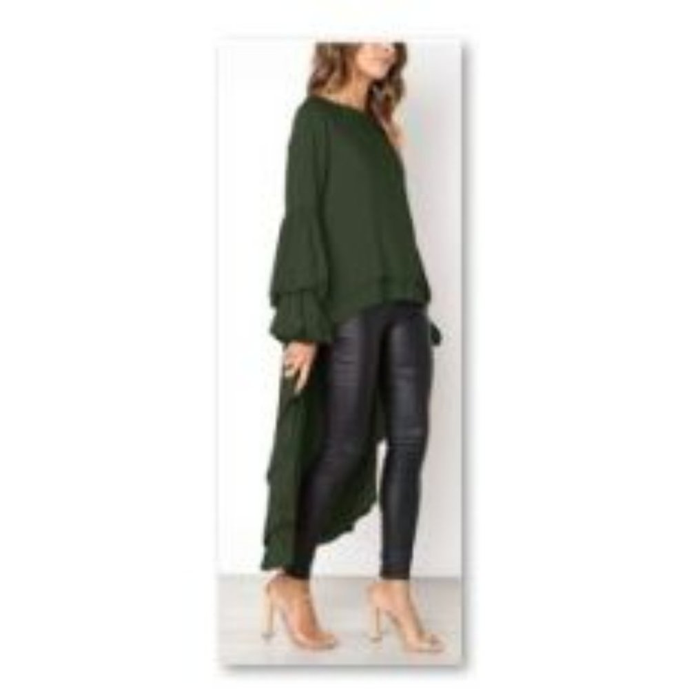Casual Lantern Long Sleeve Round Neck High Low Asymmetrical   BLACK